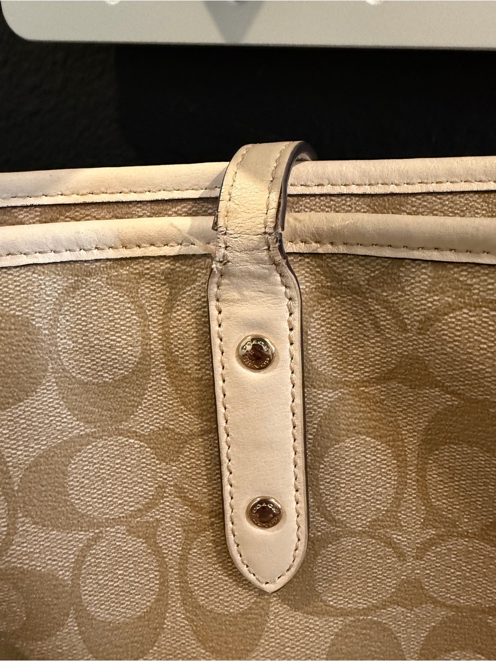 Coach Tan Signature Canvas Tote with Cream Trim khaki tote bag authentic USED - Picture 7 of 15